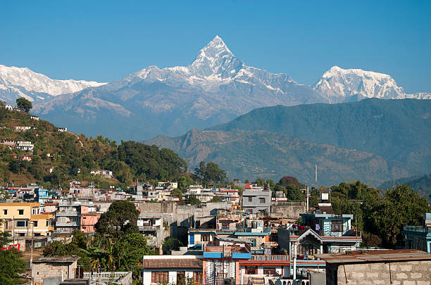 Pokhara with Machapuchare mountain stock photo