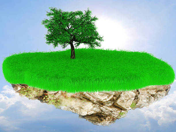 istock Little flying grass island with a tree. 490266361