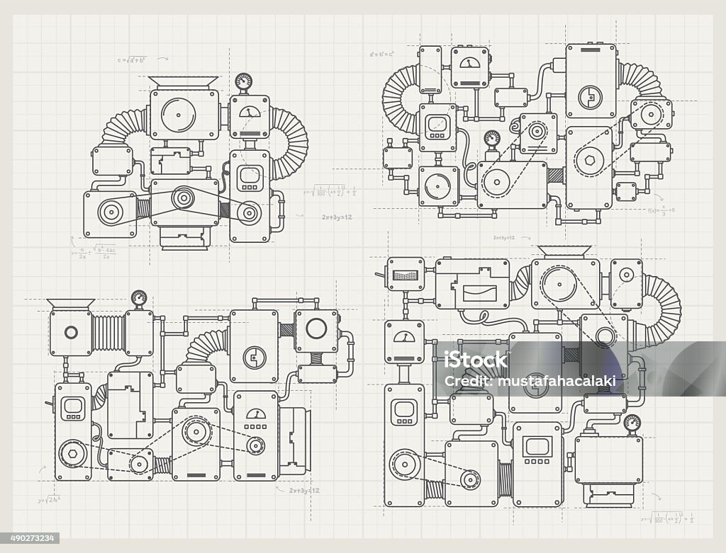 Incredible machine projects on paper 4 different machine projects lineart drawing. Included files; Aics3, Hi-res jpg. Engine stock vector