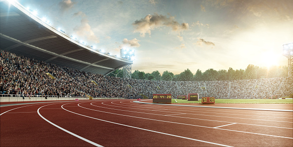 Sunny sport stadium with crowds of people at the background. On behind the stadium are green trees. The image was made in 3d.