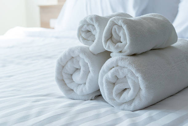 istock white bath towels in bed room, Room service 490273886
