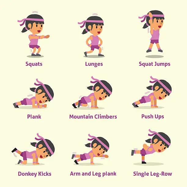 Vector illustration of Set of woman doing exercises for health and fitness