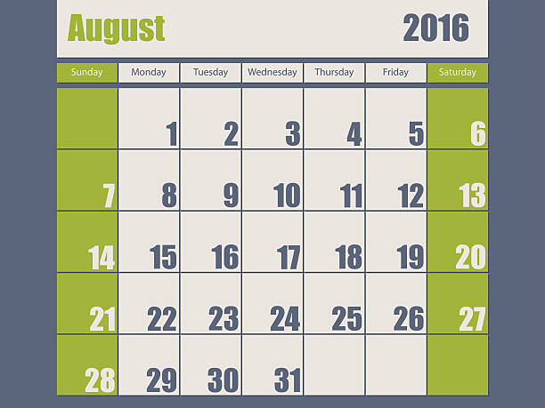 Blue green colored 2016 august calendar Blue green colored 2016 calendar design for august month 2016 stock illustrations
