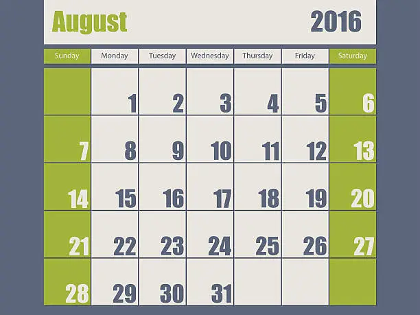 Vector illustration of Blue green colored 2016 august calendar