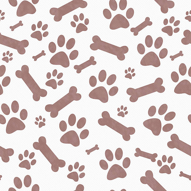 pata de perro marrón y blanco, impresiones y los huesos repetición de fondo - paw print fotos fotografías e imágenes de stock