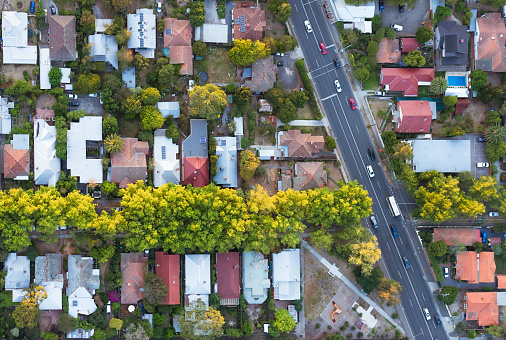 A view from directly above a residential suburb of Melbourn, in Victoria State, Australia.