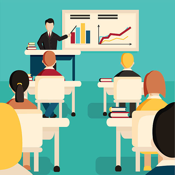 Education classroom vector illustration. Education classroom vector illustration. Students in audience listening teacher. Business training. seminar classroom lecture hall university stock illustrations