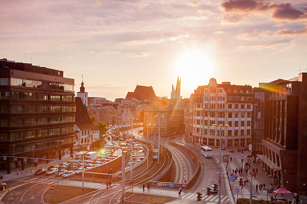 Wroclaw old town square panorama at sunset. stock photo