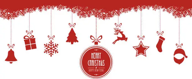 Vector illustration of christmas elements hanging red isolated background