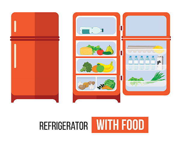 kühlschrank mit geschlossene tür und geöffnet - tomato sauce domestic kitchen meat cheese stock-grafiken, -clipart, -cartoons und -symbole