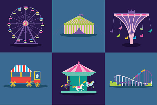 ilustraciones, imágenes clip art, dibujos animados e iconos de stock de parque de diversiones vector conjunto. ferris wheel, montaña rusa, las palomitas de maíz - amusement park park fun playground