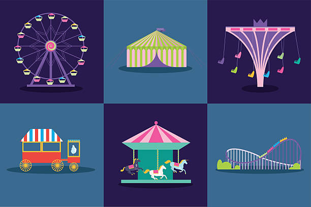 illustrazioni stock, clip art, cartoni animati e icone di tendenza di parco divertimenti set vettoriale. ruota panoramica, montagne russe, popcorn - amusement park park fun playground
