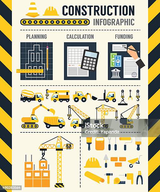 Construction Infographic Vector Template Stock Illustration - Download Image Now - Construction Equipment, Construction Industry, Crane - Machinery