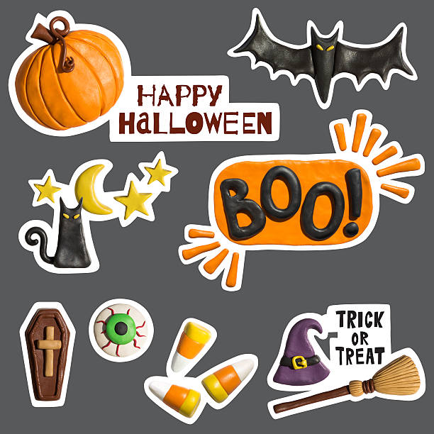 Halloween stickers holiday objects handmade of plasticine.