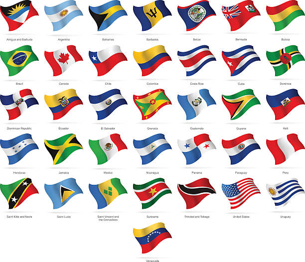 nord-, mittel- und südamerika – waving flags-illustration - barbados flag illustrations stock-grafiken, -clipart, -cartoons und -symbole