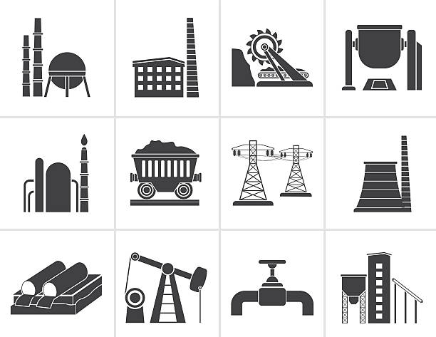 ilustraciones, imágenes clip art, dibujos animados e iconos de stock de iconos de industria pesada negro - mining pipeline metallurgy oil industry