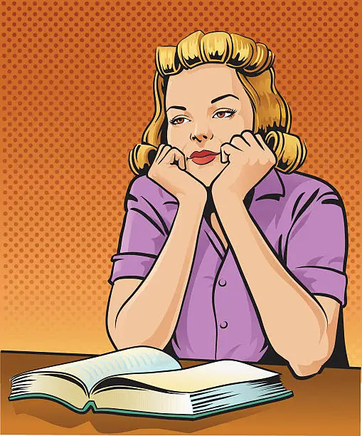 Vector illustration of Retro Woman Reading Book and Daydreaming