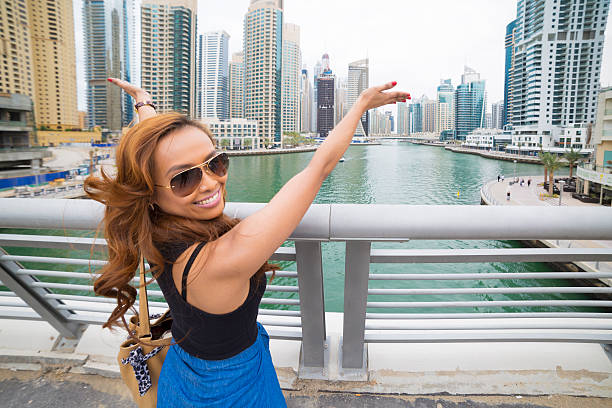 istock Woman presenting Dubai skyline 490303338
