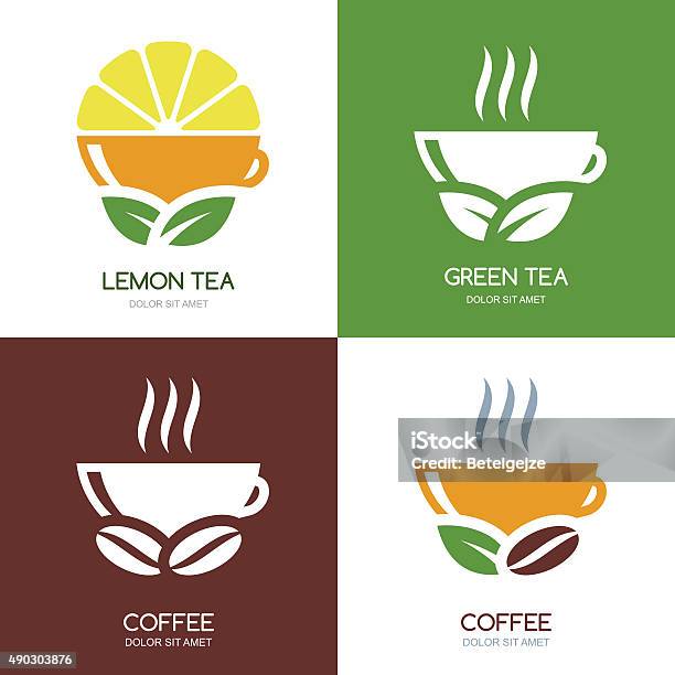 Set Of Vector Green Tea And Coffee Flat Logo Icons Stock Illustration - Download Image Now