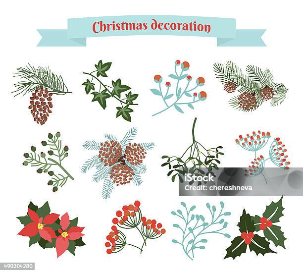 Christmas Decoration Set Of Elements Stock Illustration - Download Image Now - Amaryllis, Mistletoe, 2015