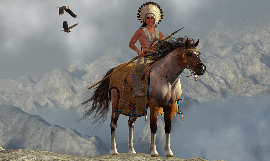 Two Bald Eagles fly near an American Indian with his paint horse on a tall cliff in a mountainous area.