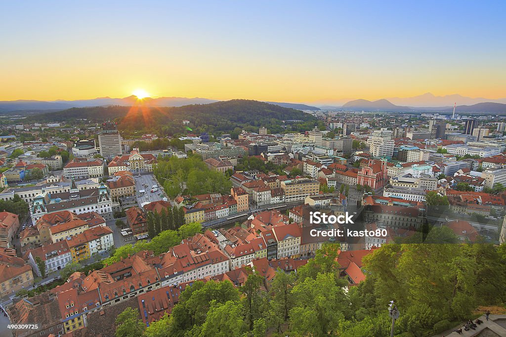 Panorama of Ljubljana, Slovenia, Europe. Panorama of the Slovenian capital Ljubljana at sunset. Aerial View Stock Photo