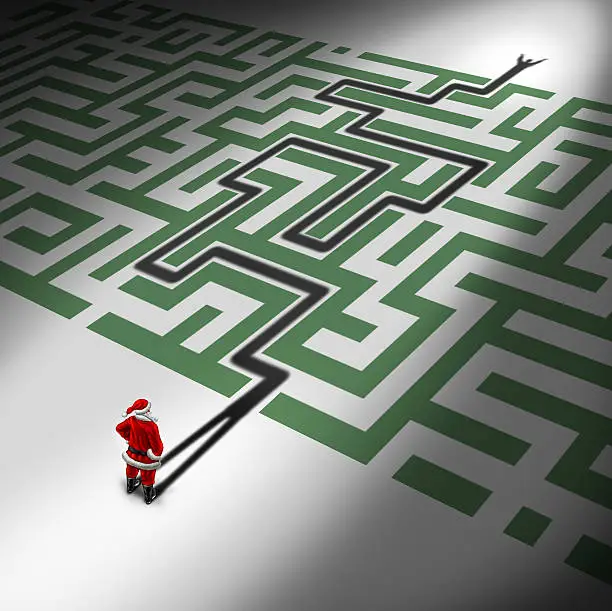 Christmas success as a Santa Claus symbol for guidance and advice for holiday challenges as a seasonal concept with santaclause in front of a maze or labyrinth with his shadow finding a way through the winter gift giving season confusion.