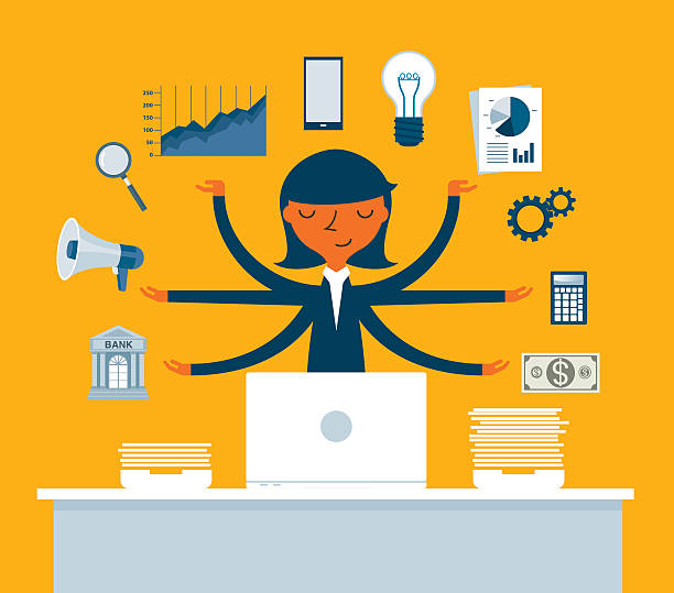 Businesswoman Multitasking with Multiple Arms Businesswoman Multitasking with Multiple Arms versatility stock illustrations