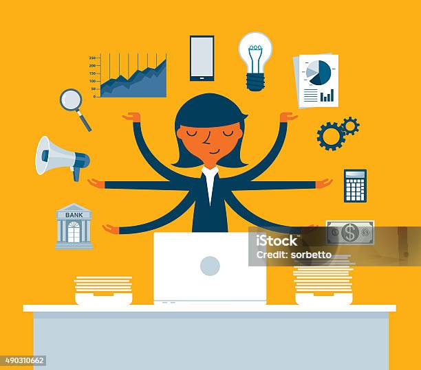 Businesswoman Multitasking With Multiple Arms Stock Illustration - Download Image Now - Multi-Tasking, Working, Efficiency