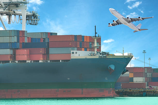istock Flying plane and freight ship on transport 490310762