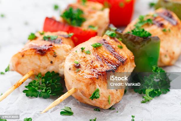 Grilled Chicken Skewers With Paprika Stock Photo - Download Image Now - Bamboo - Material, Barbecue - Meal, Chicken Meat