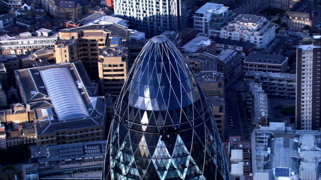 Aerial footage of Gherkin, London, UK