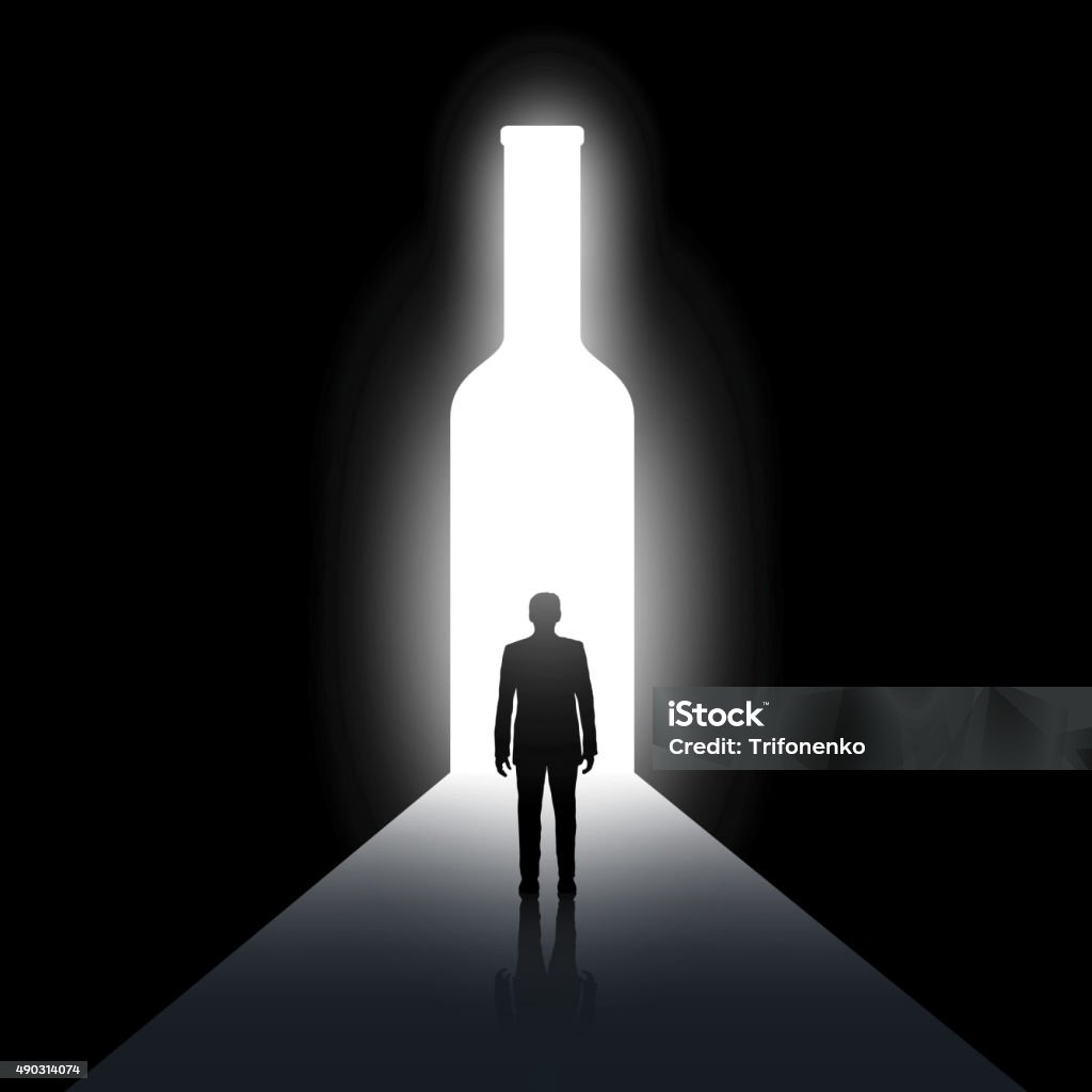 Alcoholism Silhouette of man and the bottle. Alcoholism and drunkenness. Stock vector image. Alcohol Abuse stock vector