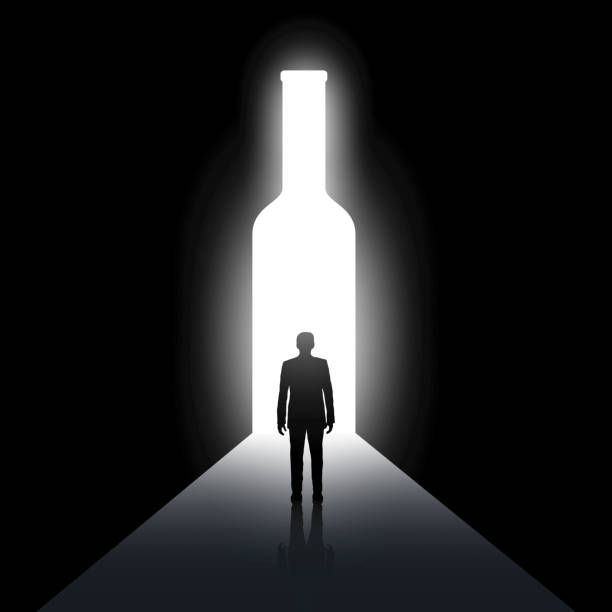 Alcoholism Silhouette of man and the bottle. Alcoholism and drunkenness. Stock vector image. alcohol abuse stock illustrations