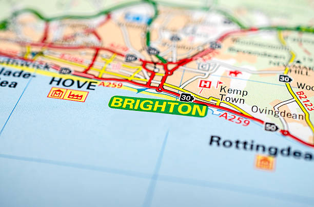 Brighton on a road map Brighton in southern England on a road map brighton england stock pictures, royalty-free photos & images