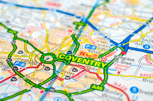 Coventry in England on a road map