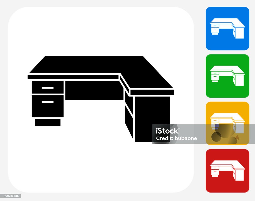 Office Desk Icon Flat Graphic Design Office Desk Icon. This 100% royalty free vector illustration features the main icon pictured in black inside a white square. The alternative color options in blue, green, yellow and red are on the right of the icon and are arranged in a vertical column. 2015 stock vector