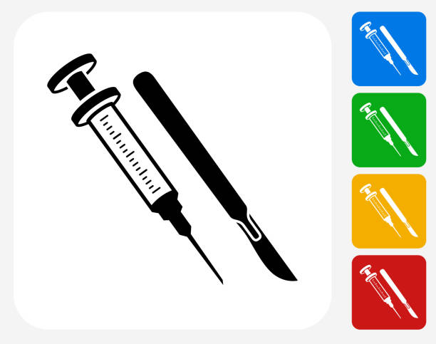 Syringe and Scalpel Icon Flat Graphic Design Syringe and Scalpel Icon. This 100% royalty free vector illustration features the main icon pictured in black inside a white square. The alternative color options in blue, green, yellow and red are on the right of the icon and are arranged in a vertical column. scalpel stock illustrations