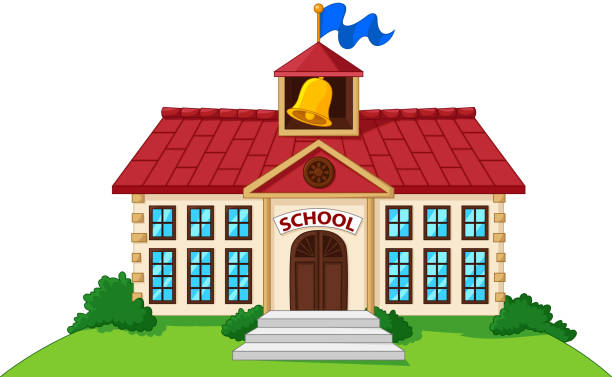 ilustrações de stock, clip art, desenhos animados e ícones de rapaz edifício escolar isolado com verde quintal - backpack student report card education