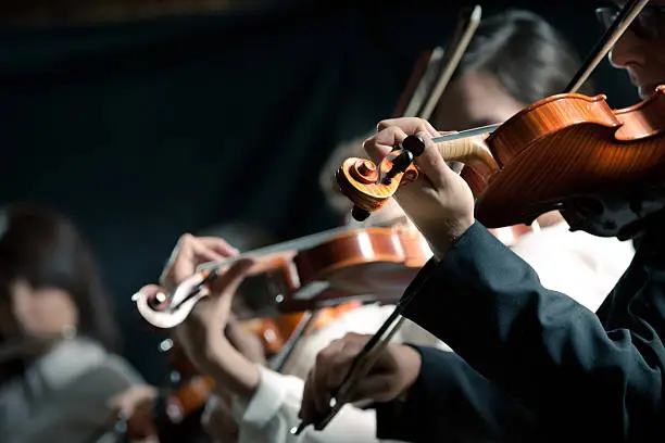 Symphony orchestra violinists performing on stage against dark background.