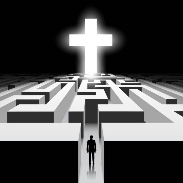 White Cross Dark labyrinth. Silhouette of man. White Cross. Stock vector image. maze silhouettes stock illustrations