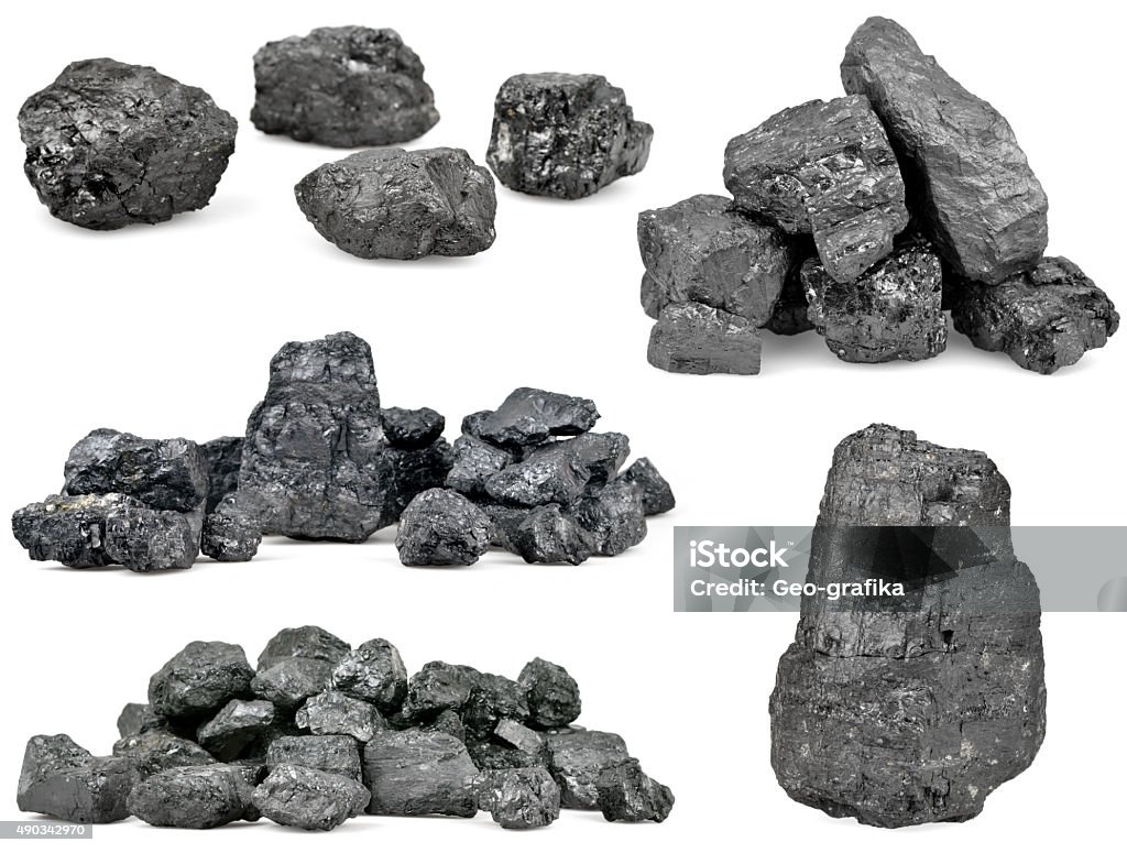 Set of piles of coal isolated on white Set of piles of coal isolated on white background. Rock - Object Stock Photo
