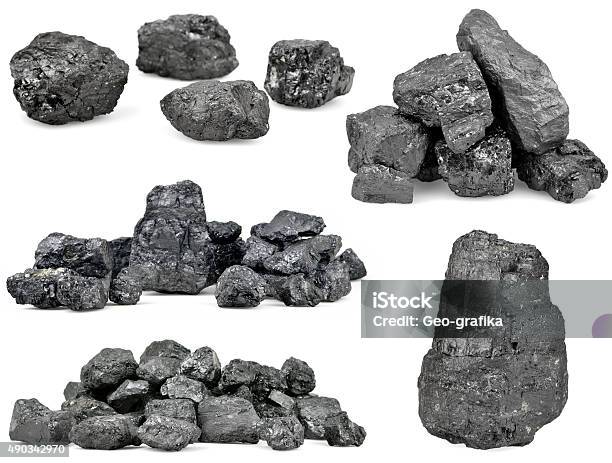 Set Of Piles Of Coal Isolated On White Stock Photo - Download Image Now - Rock - Object, Coal, Cut Out