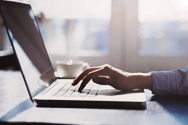 istock Human hand on laptop keyboard 490343926