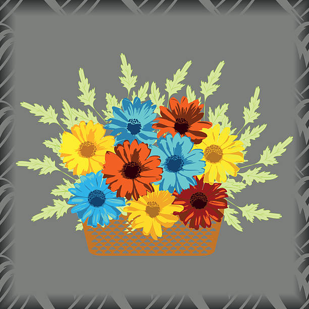 ilustraciones, imágenes clip art, dibujos animados e iconos de stock de cesta con flores. gerberas y chamomiles en gris de fondo. - plan flower arrangement single flower blue