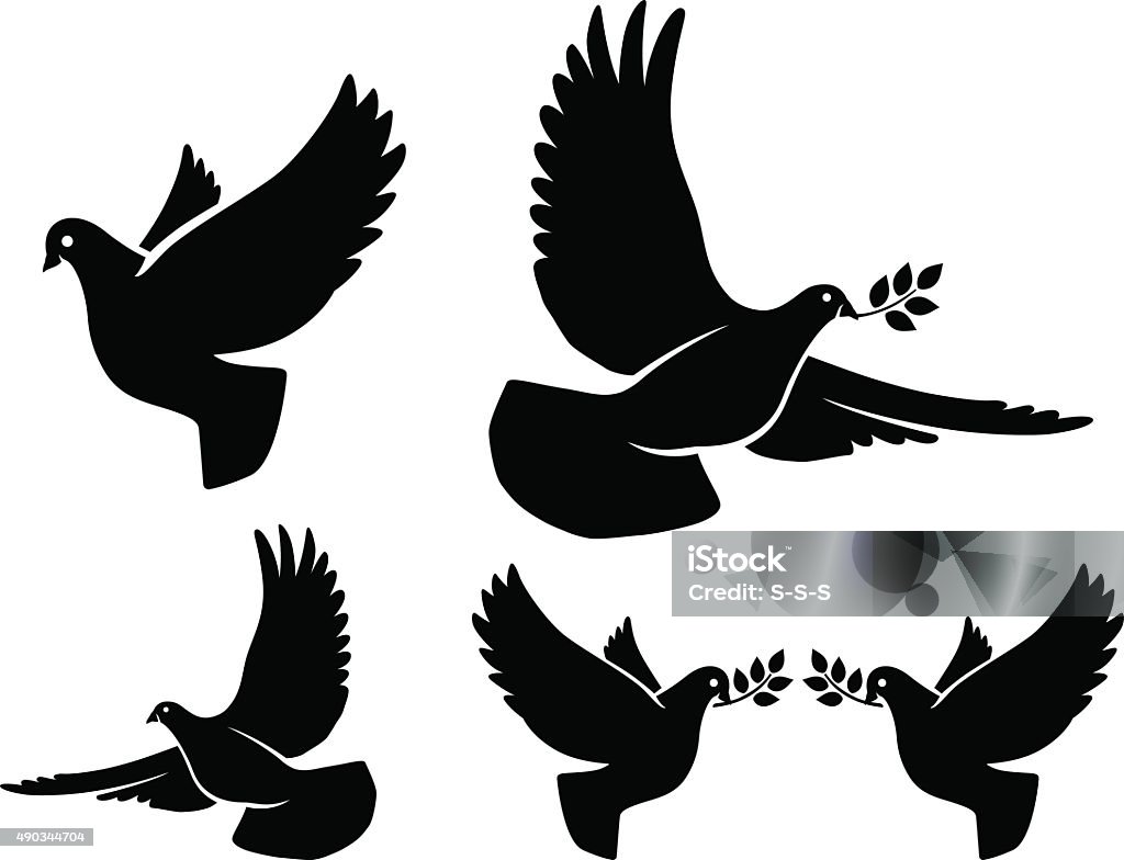 Where silhouettes Dove silhouettes. Vector flying dove with olive branch black silhouettes on white background Dove - Bird stock vector