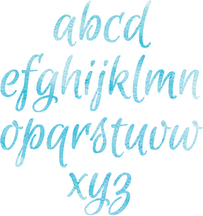 Watercolor blue Alphabet. Hand drawn artistic watercolor font