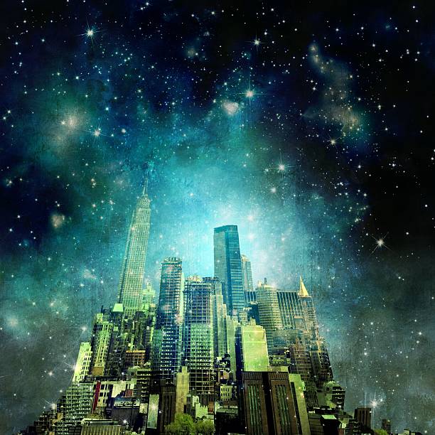 istock Surreal city skyline in the night with starry sky 490347366