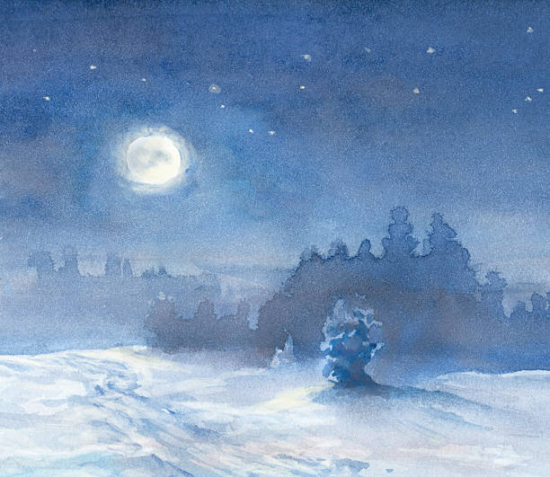 istock moonlit winter night, watercolor painting 490349426