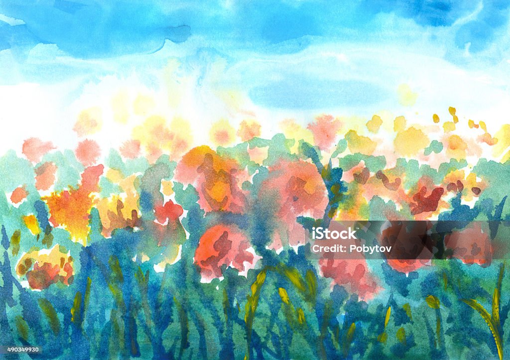 blooming field of tulips, watercolor painting Watercolour painting, my own artwork. Tulip stock illustration